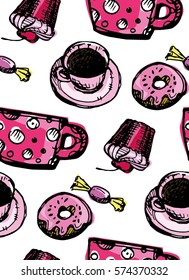 Hand drawn doodle pattern with cake, tea cup, candy. Tea time collection. Sweets. Vector illustration.