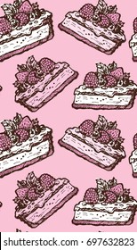 Hand drawn doodle pattern with cheese cake with fruits