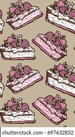 Hand drawn doodle pattern with cheese cake with fruits