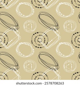 Hand drawn doodle pattern. Childrens drawing. Hand draws calligraphic curls, figures, circles with dots. Doodle beige background.