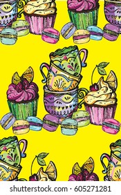 Hand drawn doodle pattern with color tea cups, cupcakes and macaroons.