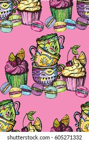 Hand drawn doodle pattern with color tea cups, cupcakes and macaroons.