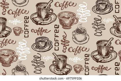 Hand drawn doodle pattern with cup of coffee