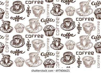 Hand drawn doodle pattern with cup of coffee