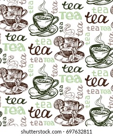 Hand drawn doodle pattern with cup of tea