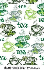 Hand drawn doodle pattern with cup of tea
