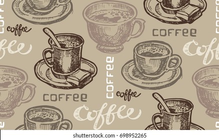 Hand drawn doodle pattern with cup of coffee