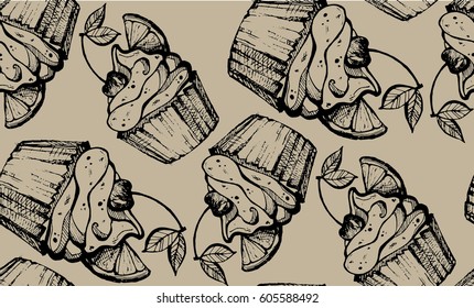 Hand drawn doodle pattern with cupcakes. Dessert vector illustration.