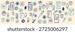 A hand drawn doodle pattern depicts ice cubes, popsicles, frozen food and thermometers for winter packaging and web headers, playful.
