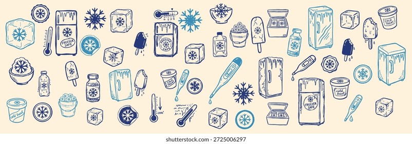 Un patrón de doodle dibujado a mano representa cubitos de hielo, paletas de helado, alimentos congelados y termómetros para el embalaje de invierno y cabeceras de Web, juguetón.