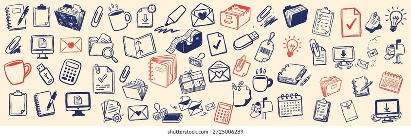 Un patrón de doodle dibujado a mano muestra los íconos de la oficina azul marino y rojo sobre un fondo beige, utilizado para el Web y la impresión, juguetón.