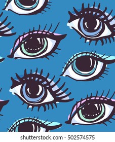Hand drawn doodle pattern with eyes. Vector illustration