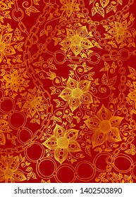 Hand drawn doodle pattern with fantasy flowers, leaves and chain print. Gold gradient colored vector backdrop illustration on red background