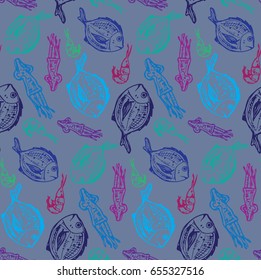 Hand drawn doodle pattern with fish, Squid, shrimp