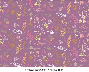 Hand drawn doodle pattern with flower and leaf. Floral pattern