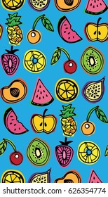 Hand drawn doodle pattern with fruits.