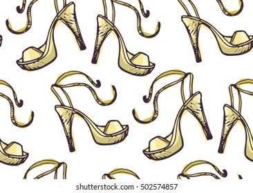 Hand drawn doodle pattern with heels . Flat pumps seamless pattern. Glamour design element. High heels shoes background.   Vector background.