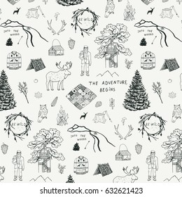 Hand drawn doodle pattern into the woods.