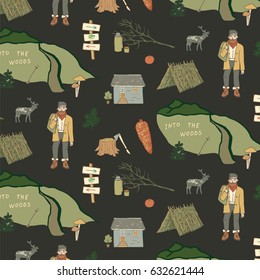 Hand drawn doodle pattern into the woods with lumberjack.
