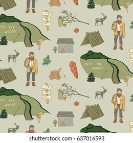 Hand drawn doodle pattern into the woods with lumberjack.