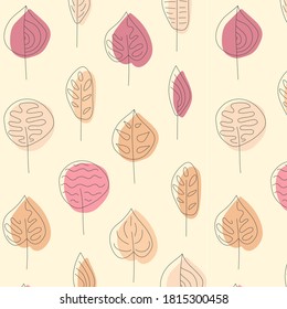 Patrón de doodle dibujado a mano con hojas para la web, envoltura y diseño en colores rosa y eusvoro de otoño