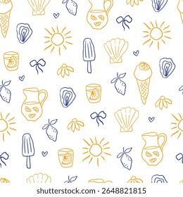 Hand drawn doodle pattern with lemon, shell, sun, ice cream. Dolce vita life style drawing. Tropical vector background. Summer vacation print for paper, cover, fabric.