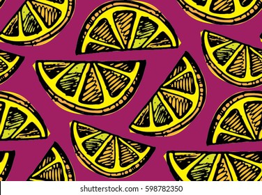 Hand drawn doodle pattern with lemon slice. Summer background.