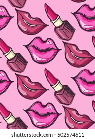 Hand drawn doodle pattern with lips and lipstick. Vector fashion sketch. Hand drawn graphic glossy and shine biting lipstick, lipstick mouth, rouge paint lips. Glamour fashion seamless pattern.