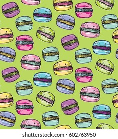 Hand drawn doodle pattern with Macaroon. Dessert vector illustration.
