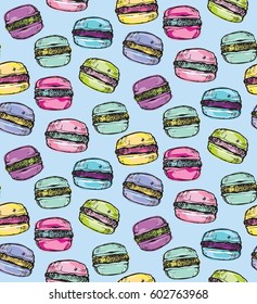 Hand drawn doodle pattern with Macaroon. Dessert vector illustration.