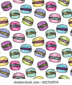 Hand drawn doodle pattern with Macaroon. Dessert vector illustration.