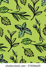 Hand drawn doodle pattern with mint, tea herbs, leaves. Vector illustration.
