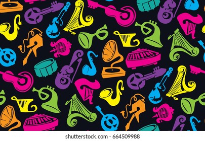 Hand drawn doodle pattern with musical instruments. Music