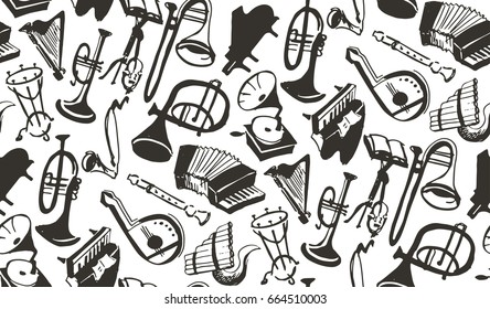 Hand drawn doodle pattern with musical instruments. Music
