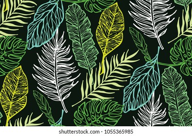 Hand drawn doodle pattern with palm leaves