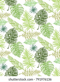 Hand drawn doodle pattern with palm tree leaves. Tropical leaves