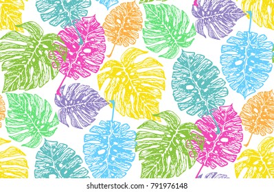 Hand drawn doodle pattern with palm tree leaves. Tropical leaves
