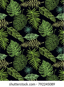 Hand drawn doodle pattern with palm tree leaves. Tropical leaves