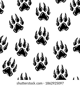 Hand drawn doodle pattern of paw big cat in vintage design. 