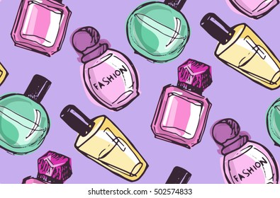 Hand drawn doodle pattern with perfume bottle.Vector background.