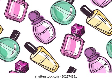 Hand drawn doodle pattern with perfume bottle.Vector background.