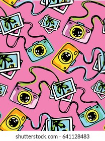 Hand drawn doodle pattern with photo and camera