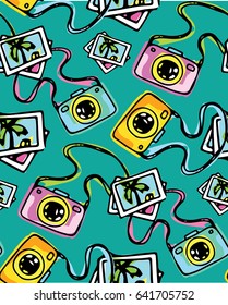 Hand drawn doodle pattern with photo and camera