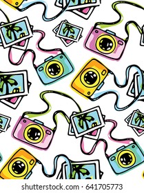 Hand drawn doodle pattern with photo and camera