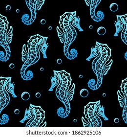 Hand drawn doodle pattern of seahorse in vintage design. 