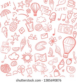 Hand drawn doodle pattern of summer and media elements. Seamless vector pattern.