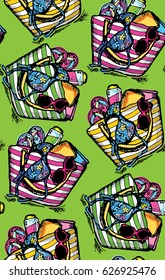 Hand drawn doodle pattern with summer bag. Vector illustration
