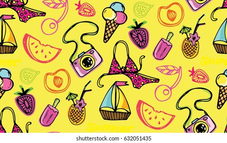Hand drawn doodle pattern with summer art
