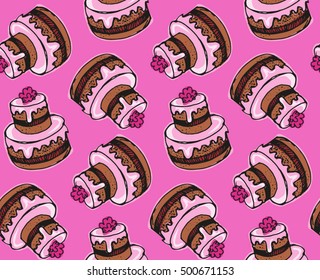 Hand drawn doodle pattern with sweet cake. Vector illustration. 