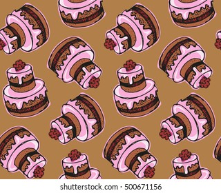 Hand drawn doodle pattern with sweet cake. Vector illustration. 